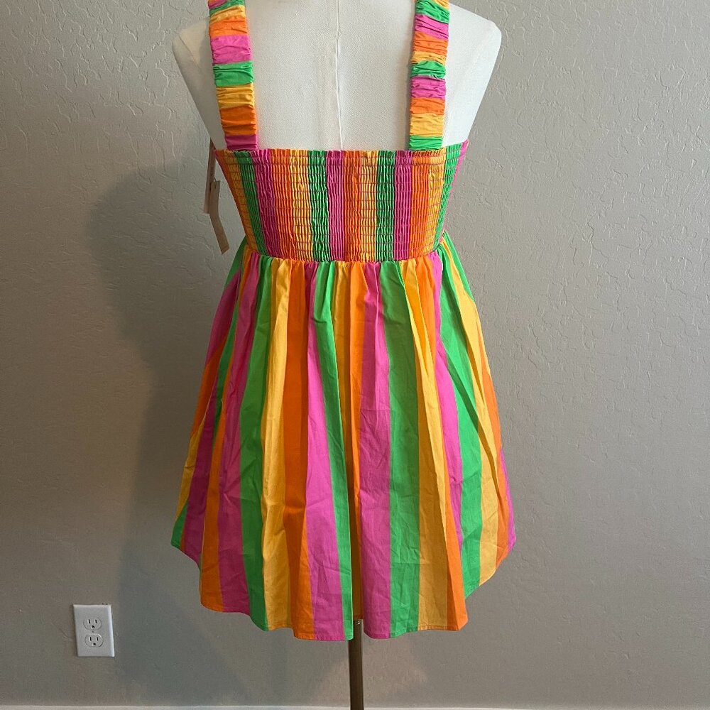Show Me Your MuMu Neon Pink Green Orange Striped Mini Dress - Picture 12 of 15